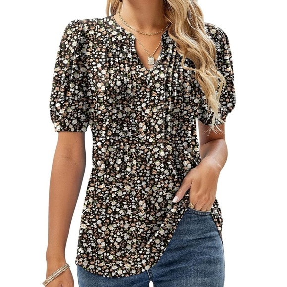 Micoson Tops - Women’s Floral V Neck Puff Short Sleeve Top Blouse